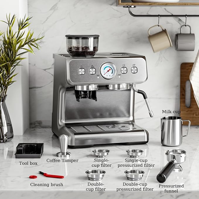 Kismile 15 Bar Espresso Machine with Built-in Grinder and Milk Frother, Automatic Coffee Maker for Home Latte & Cappuccino