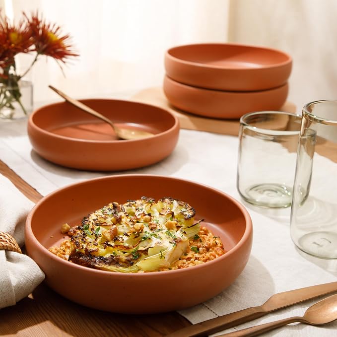 Bloomhouse - Two Time Oprah's Favorite Things Winner - Corsica Clay 4-Piece Dinner and Pasta Bowl Set – Burnt Apricot Terracotta Stoneware for Meals, Serving & Everyday Use - Image 2