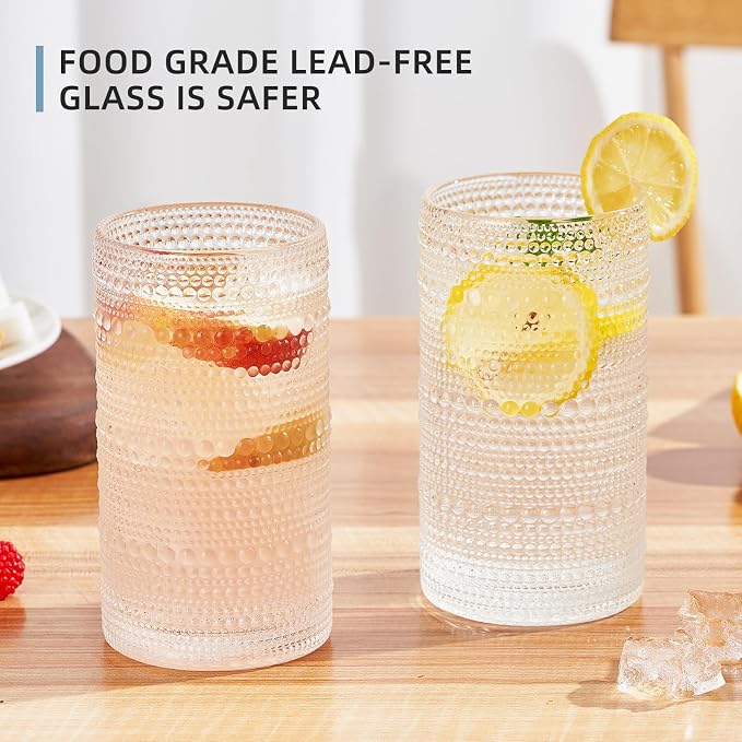 16oz Hobnail Drinking Glasses Set of 12, Vintage Large Capacity Embossed Clear Tumblers, Highball Glasses for Water, Cocktail, Beer, Whiskey, Juice & Bar Use - Image 4
