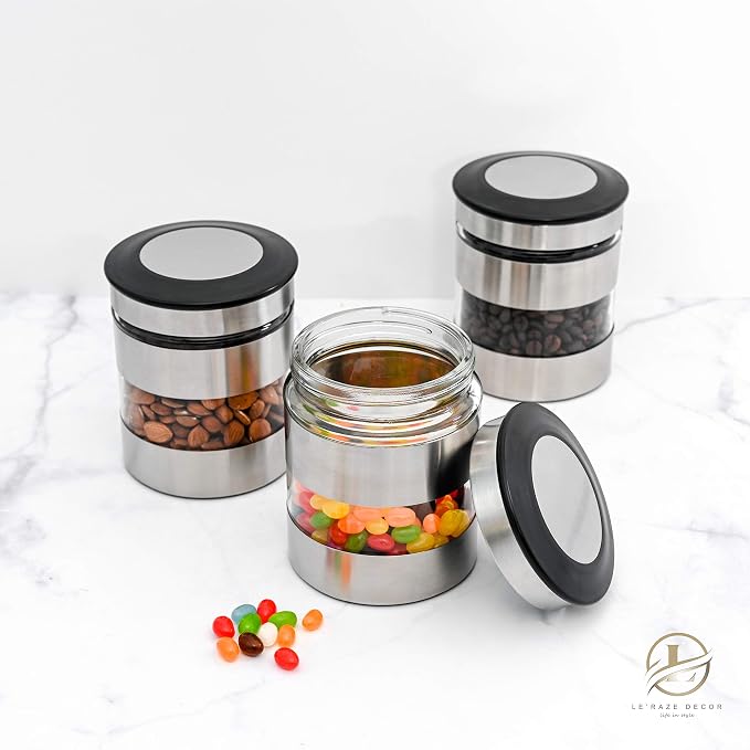 Le'raze Quality Stainless Steel Canister Set of 3 for Kitchen Counter with Glass Window & Airtight Lid - Food Storage Containers with Lids Airtight - Pantry Storage and Organization Set - Image 5