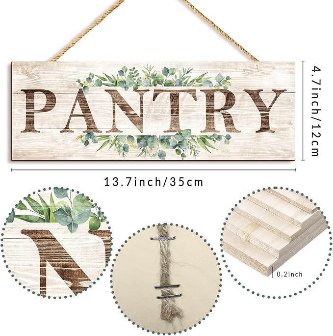 Pantry Sign Wall Decor, Pantry Wall Art with Plant Print, Rustic Farmhouse Wall Hanging Plaque Home Kitchen Decorative Pantry, 4.7 x 13.7 inches - Image 2