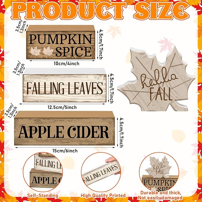 Moucuny 4 Pcs Neutral Fall Table Decor for Home Maple Leaf Wooden Blocks | Thanksgiving Tiered Tray Decor, Brown and White Rustic Maple Leaf Block Signs Gift Fall Centerpiece for Harvest Home Kitchen - Image 3