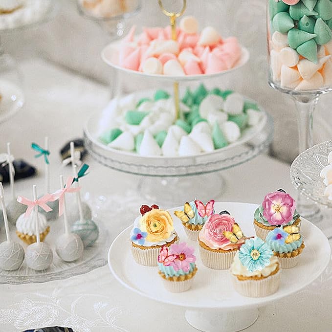 102Pcs Edible Flowers & Butterfly Cake Topper Cupcake Toppers Wafer Paper Wedding Themed Party Birthday Party Decoration Supplies Mixed Size & Colour - Image 3