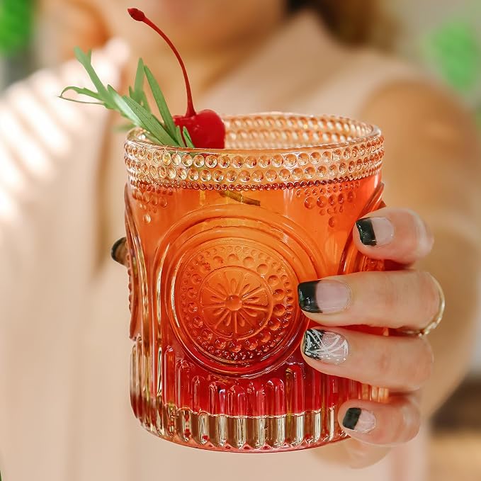 Ribbed Retro Arch Floral Rose Gold Drinking Glasses Set of 6, (10 oz) Vintage Glassware Set by Kate Aspen| Cocktail Glass Set, Juice Glass, Water Cups | Great Hostess Gift & Gift for New Home Owners - Image 4