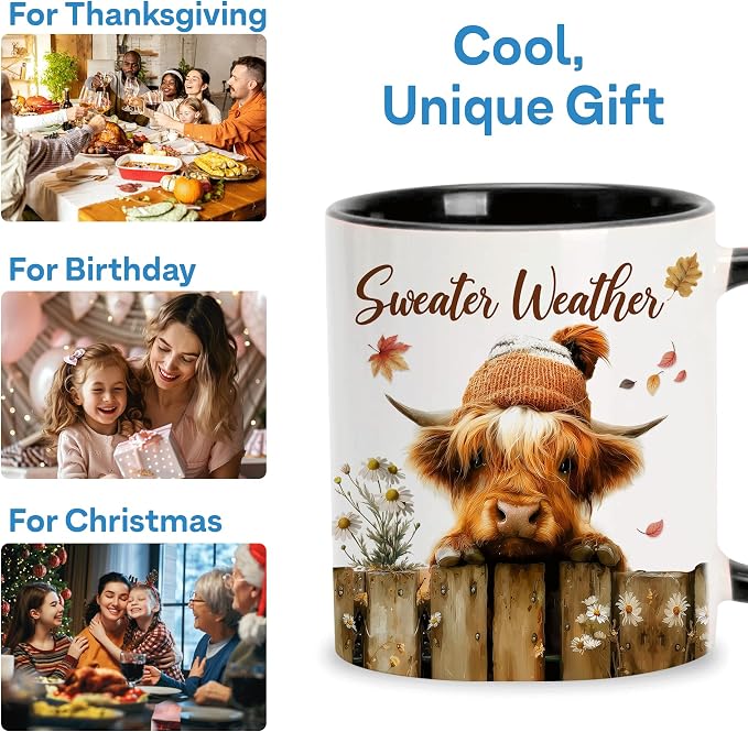 Hyturtle Fall Highland Cow Mug with Spoon Gifts for Cow Lovers on Birthday | Autumn Decor Gifts For Farmhouse Thanksgiving, Premium 11oz ceramic mug, Vivid double-sided cow print, Comfort grip handle - Image 6