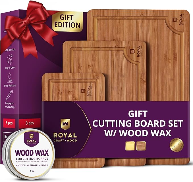 ROYAL CRAFT WOOD Wooden Cutting Boards for Kitchen Meal Prep & Serving - Bamboo Wood Serving Board Set with Deep Juice Groove Side Handles - Charcuterie & Chopping Butcher Block for Meat by ROYALCRAFTWOOD