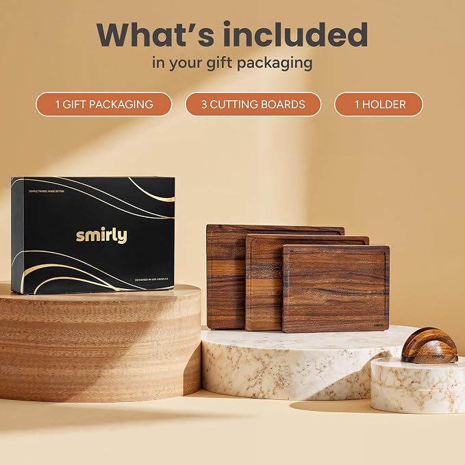SMIRLY Cutting Boards for Kitchen, 3 Piece Walnut Cutting Board with Stand | Non Toxic Walnut Wood Cutting Board with Juice Grooves and Handles, Multiple Sizes Wooden Chopping Board for Meal Prep - Image 7