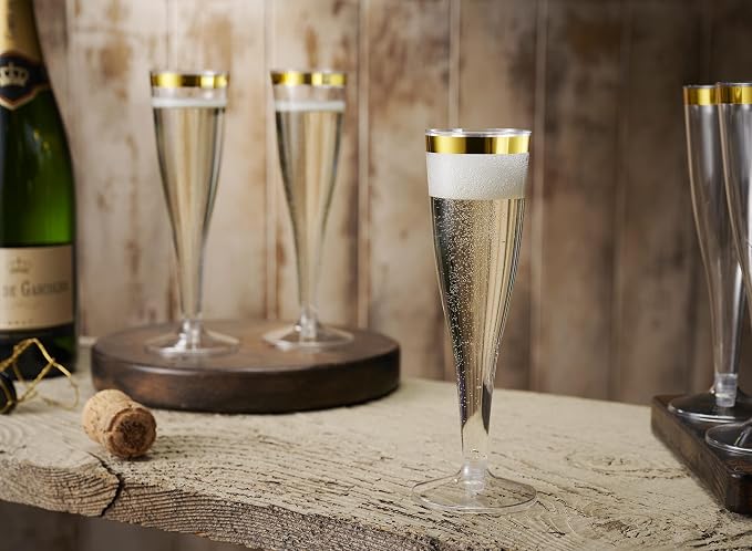 Munfix 100 Pack Gold Plastic Champagne Flutes, 5 Oz Clear Plastic Toasting Glasses Fancy Disposable Wedding Party Cocktail Cups with Gold Rim - Image 6