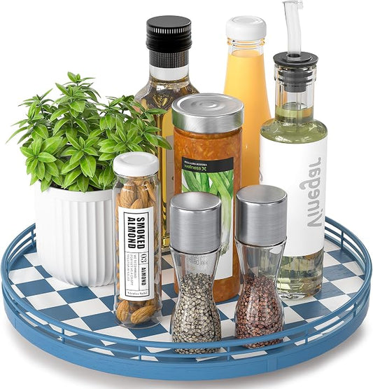 Blue and White Checkerboard Lazy Susan with Rubberwood Base and Metal Rail | Smooth rotating oak tray with walnut finish for dining tables, kitchen counters, pantries and cabinet storage. by AMH