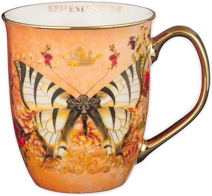 Christian Art Gifts Orange Butterfly Ceramic Coffee Mug with Gold Accents – 14 oz. Lead & Cadmium-free Inspirational Scripture Coffee and Tea Mug for Women & Men with Bible Verse: Grace –Ephesians 2:8 by ChristianArtGifts