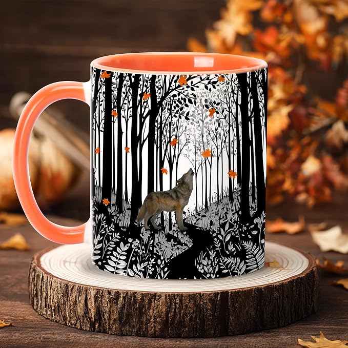 Hyturtle Fall Howling Wolf Coffee Mug with Spoon Gift on Birthday Christmas | Wolf Lover Gift Ideas for Women Men, Fall Autumn Decor Gifts for Thanksgiving, Premium 11oz ceramic double-sided print mug - Image 2