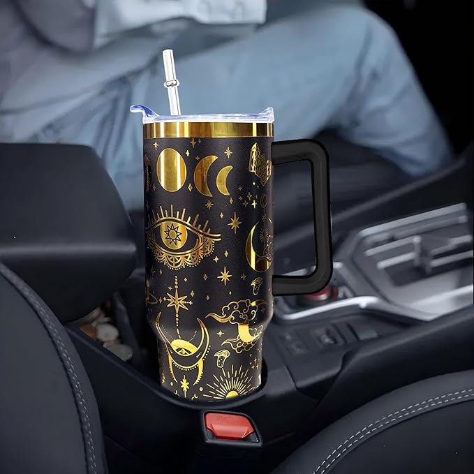 40 oz Bohemia Laser Engraving Tumbler With Handle With Lid Straw Double Insulated Travel Coffee Cup Boho Travel Accessories Must Have Gifts For Women