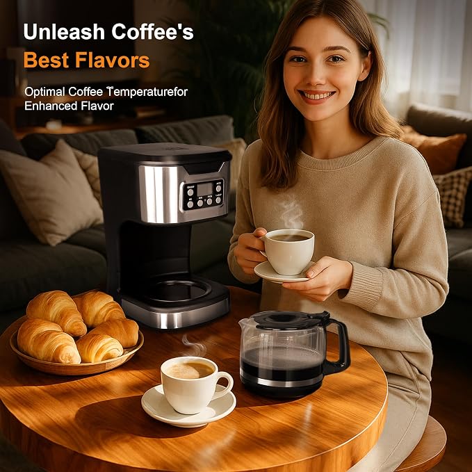 12 Cup Programmable Drip Coffee Maker, Fully Automatic Brewer | Features 1-4 Cup Select Setting, Programmable Timing, Automatic Drip Coffee Machine for Home & Kitchen Use， Stainless Steel - Image 2