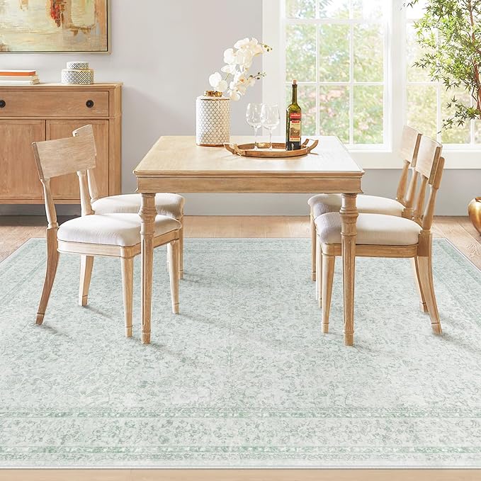 6x9 Area Rugs for Living Room: Washable Vintage Floral Rug Low Pile Non-Slip Boho Carpet for Nursery Bedroom Dining Room (Green, 6'x9') - Image 3