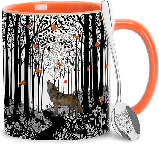 Hyturtle Fall Howling Wolf Coffee Mug with Spoon Gift on Birthday Christmas | Wolf Lover Gift Ideas for Women Men, Fall Autumn Decor Gifts for Thanksgiving, Premium 11oz ceramic double-sided print mug by Hyturtle