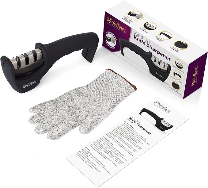 4-in-1 Kitchen Knife Accessories: 3-Stage Knife Sharpener Helps Repair, Restore, Polish Blades and Cut-Resistant Glove (Black) - Image 3