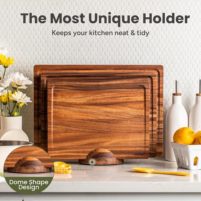 SMIRLY Cutting Boards for Kitchen, 3 Piece Walnut Cutting Board with Stand | Non Toxic Walnut Wood Cutting Board with Juice Grooves and Handles, Multiple Sizes Wooden Chopping Board for Meal Prep - Image 4