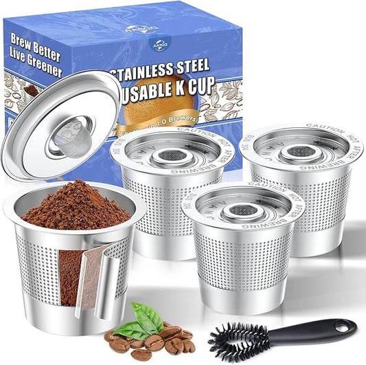 AANQQ Reusable K Cups for Keurig: 4-Pack Upgraded Dual-Layer Mesh Stainless Steel K Cup - Refillable Metal Coffee Pods Filter Fit Keurig 1.0 Coffee Maker - Richer Coffee/NO-Residue/Eco-Friendly