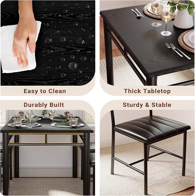 IRONCK Dining Table Set for 4, Black | Wood Kitchen Table with Upholstered Chairs for Kitchen Room and Small Spaces - Image 6