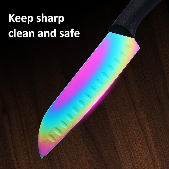 Marco Almond Kitchen Knife Set, KYA36 12-Piece Rainbow Color Stainless Steel Chef Boxed Knives Set for Kitchen with Covers, 6 Knives with 6 Blade Guards, Black | 6 Knives with 6 Black Blade Guards,Rainbow Stainless Steel Knives Set, Anti-Rust,Ergonomic... - Image 8