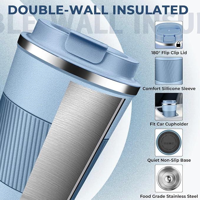 Insulated Coffee Tumbler 12 oz, Stainless Steel Coffee Mug with Lids, Travel Coffee Mug Leak Proof, Double Wall Vacuum Insulated Reusable Coffee Cup, Keep Drinks Hot and Cold (Sky Blue, 12 Ounces) - Image 4
