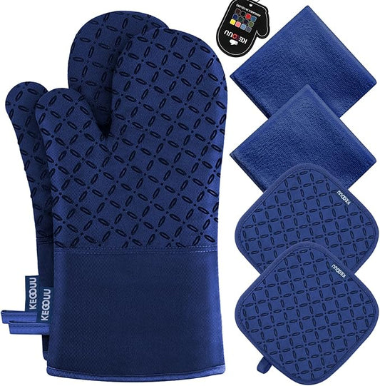 KEGOUU Oven Mitts and Pot Holders 6pcs Set, Kitchen Oven Glove High Heat Resistant 500 Degree Extra Long Oven Mitts and Potholder with Non-Slip Silicone Surface for Cooking(Marine Blue) by KEGOUUOvenMitt