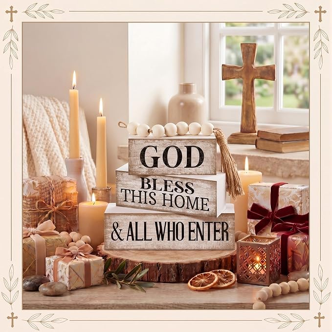 Moucuny 4 Pcs Christian Table Decor Rustic Wooden Block Sign Set with God Bless This Home & All Who Enter Farmhouse Stacked Decor with Beaded Garland Tassel Christian Home Decors for Office, Shelf - Image 7