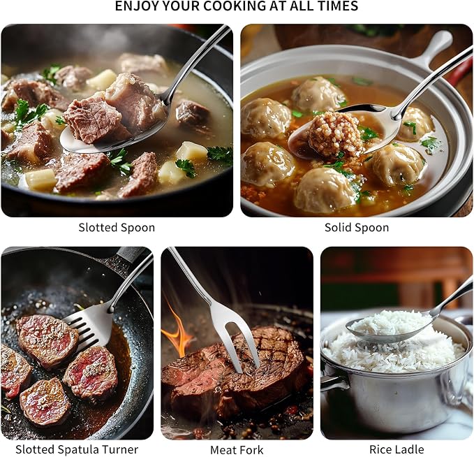 304 Stainless Steel Kitchen Cooking Utensils Set - 9 PCS Serving Utensils, Include Skimmer, Soup Ladle, Spaghetti Server, Wok Spatula, Slotted & Solid Spoon, Slotted Spatula Turner, Meat Fork (Silver） - Image 6