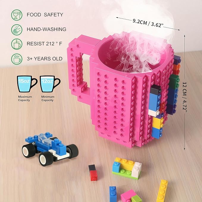 Lumsburry Build-on Brick Coffee Mug, Funny DIY Unique Novelty Drinking Cup | Building Blocks Creative Mug, for Men Women Kids Dad Mom, Present Exchange Ideas, Xmas Birthday White Elephant(Rose) - Image 2