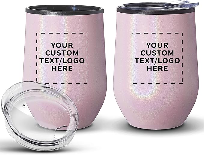 Custom Palmera Stemless Wine Tumblers with Lids 12 oz. Set of 24, Personalized Bulk Pack - Perfect for Wine, Cocktails, Other Hot & Cold Beverages - Iridescent Pink