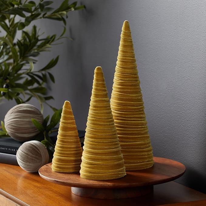 Your Heart's Content Velvet Trees Set of 3 Gold, Handcrafted Minimalist Mantel Decor, Winter Wedding Centerpiece, Valentine Tree Tabletop, Cozy Shelf Sitter (Gold) - Image 2