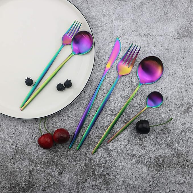 JASHII Flatware Silverware Set Stainless Steel Satin Finish Cutlery Set Service for 6, 30-Piece Spoons And Forks Kitchen Utensil Set, Dishwasher Safe (Matte Rainbow) - Image 2