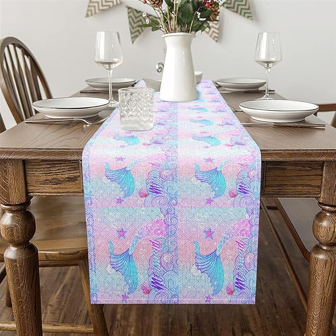Feelyou Mermaid Table Runner 90x13 Inch Ocean Marine Themed Decorations Indoor Outdoor Party Supply Mermaid Scales Ocean Wave Shell Home Kitchen Dining Decor for Living Room Dresser Scarfs Purple Pink - Image 3