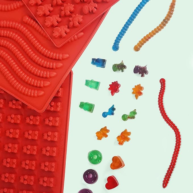 Gummy Bear Mold Silicone for Gummies Candy, 5Pcs Worm Gummy and Chocolate Molds Silicone for Kids Including Mini Bear, Dinosaur, Worm, Hearts and Mini Donut with 2 Droppers