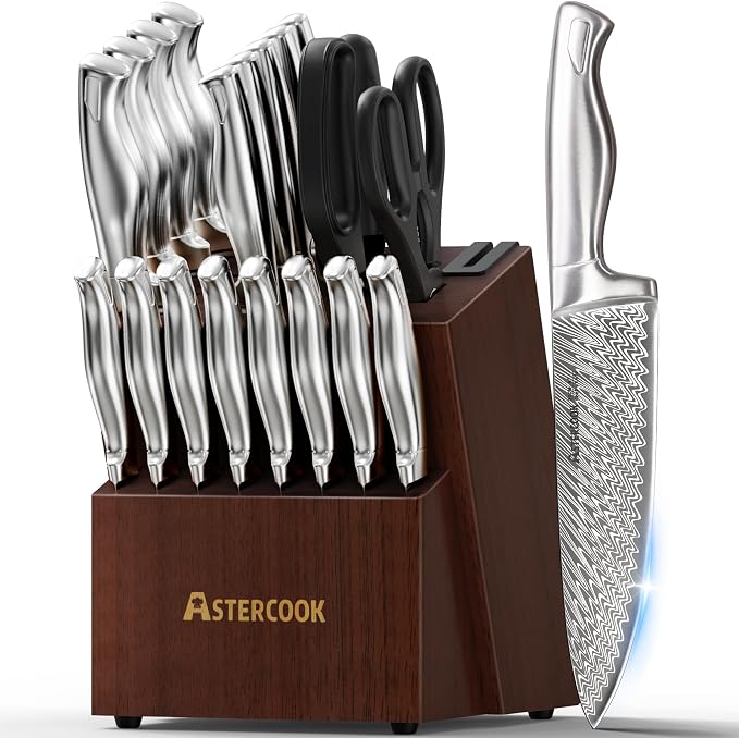 Knife Set, Astercook 21 Pieces Kitchen Knife Set with Built-in Sharpener, German Stainless Steel Knife Block Set, Razor-Sharp Knives with Full-tang Handle, Dishwasher Safe Kitchen Utensils Set by Astercook