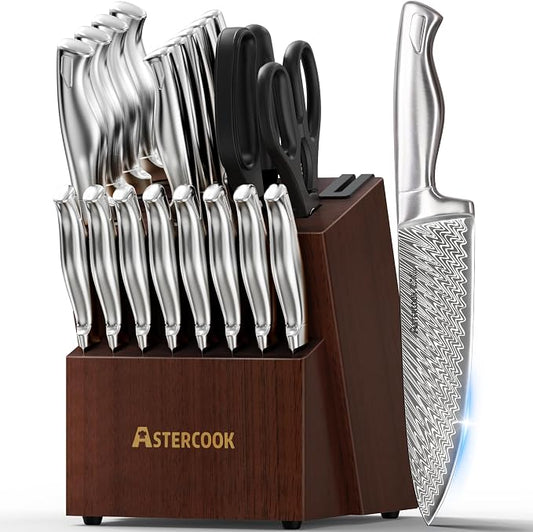 Knife Set, Astercook 21 Pieces Kitchen Knife Set with Built-in Sharpener, German Stainless Steel Knife Block Set, Razor-Sharp Knives with Full-tang Handle, Dishwasher Safe Kitchen Utensils Set by Astercook