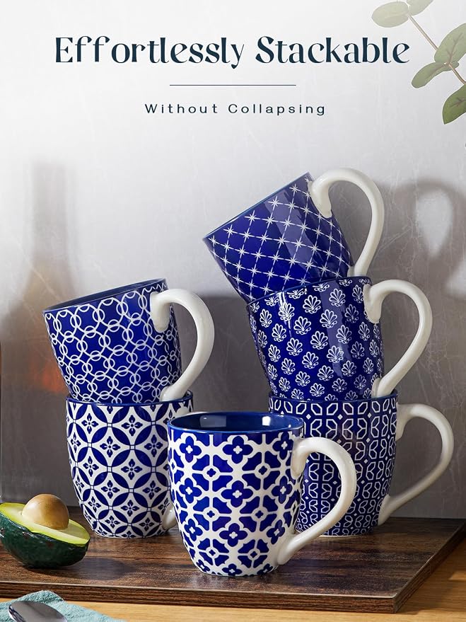 DOWAN Coffee Mugs Set of 6, 16 oz Large Porcelain Coffee Cups with Handle for Coffee Tea and Cocoa, Ceramic Coffee Mug for Women Men, Housewarming Wedding Gift, Vintage Blue - Image 3