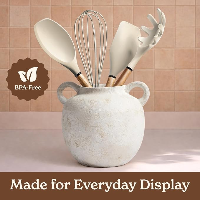 Country Kitchen Non Stick Silicone Utensil Set with Rounded Wood Handles for Cooking and Baking, 8 Piece Set, Khaki - Image 6