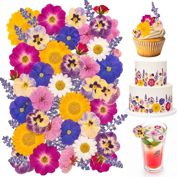 70-Piece Edible Pressed Flowers, 11-Kind Cake Topper and Cocktail Mix | Food-grade Flowers, viola, rose, lavender, sakura, calendula and daisy for cocktails, desserts, garnishes and crafts. by Unknown