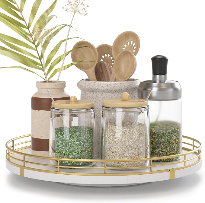 Oroyutor 10-Inch White Wooden Lazy Susan Spice Organizer with Gold Rail | Rotating oak tray organizes spices, toiletries and decor on kitchen counters, bathroom vanities, dining and coffee tables. by Oroyutor