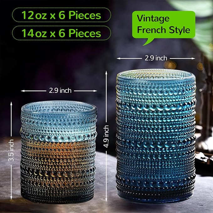 Vintage Hobnail Drinking Glasses Set of 12-14 oz Old Fashioned Glass Cups & 11 oz Cocktail Glasses, Aesthetic Kitchen Bar Tumbler Glassware Gifts Sets, Blue (12Pcs Blue XL) - Image 3