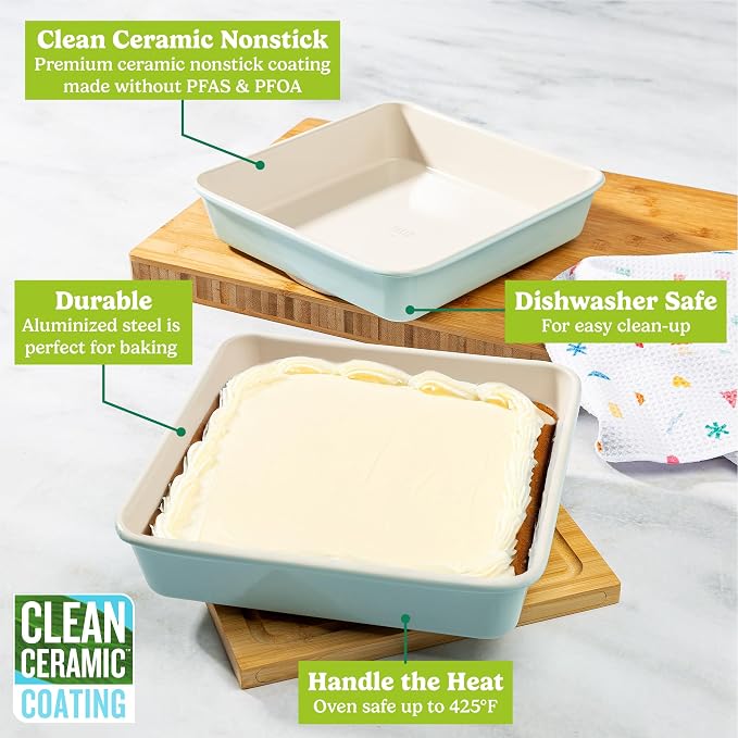 Tasty Clean Ceramic Square Cake Pans Set, 2-Pack of 9-Inch Cake Pans, Durable Aluminized Steel for Professional Results, Clean Ceramic Nonstick Coating, Oven Safe to 425°F, Dishwasher Safe, Aqua - Image 3