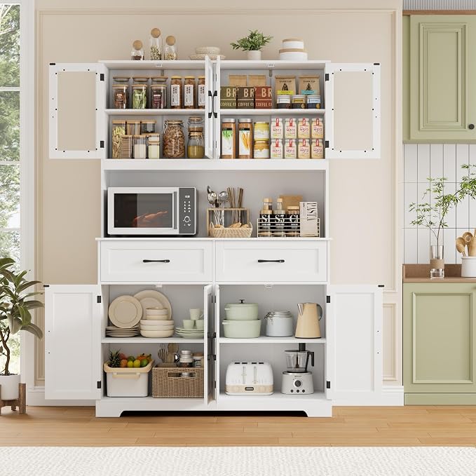 BOTLOG 71" Large Pantry Storage Cabinet with Microwave Stand | Tall Hutch Cabinet with Glass Doors 8 Storage Compartments for Dining Room, Modern White - Image 4