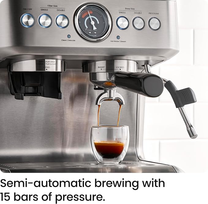 Chefman Crema Supreme 15 Bar Espresso Machine with Milk Frother, Barista Steam Wand, Professional Coffee Maker with Coffee Grinder, 30 Grind Settings, 3L Removable Water Tank - Stainless Steel - Image 5