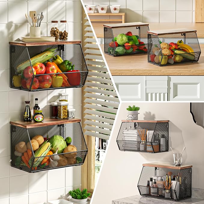 3-Pack Stackable Wire Basket with Wood Lid - Wall Mounted Fruit & Vegetable Bowl for Kitchen, Potato & Onion Storage - Image 5