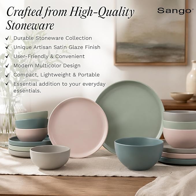 Sango 16-Piece Stoneware Dinnerware Set for 4, Satin Glazed Plates and Bowls Sets with Matte Finish, Ceramic Dish Set, Durable Kitchen Dishes, Microwave & Dishwasher Safe Dining, Rollo Artist's Blend - Image 3