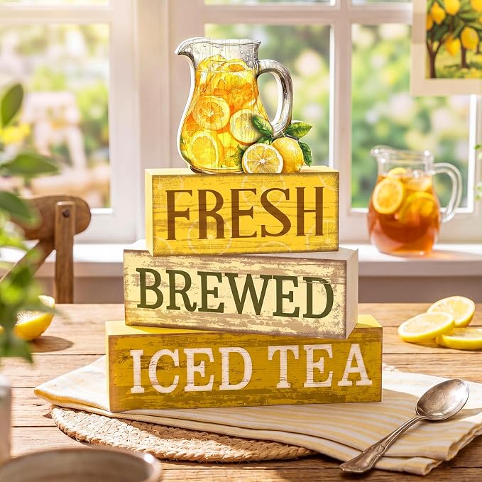 Moucuny 4 Pcs Summer Lemon Decor Summer Table Decorations Fresh Brewed Iced Tea Wooden Stacked Block Decor Rustic Summertime Tiered Tray Decoration for Kitchen Counter, Coffee Bar, Dining Table - Image 2