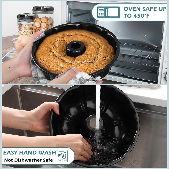TeamFar 10 Inch Nonstick Cake Pan, 10 Cups Fluted Tube Cake Pan for Baking | Heavy Duty Carbon Steel Round Baking Tray for Making Jello/Monkey Bread/Chocoflan, Non Toxic, Easy Clean - Black - Image 5