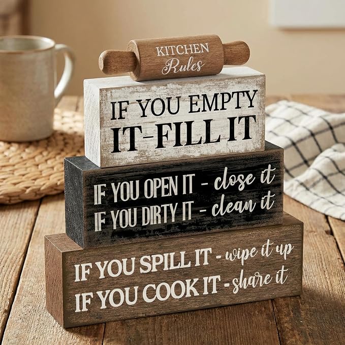 Moucuny 4 Pcs Rustic Wooden Table Decor Farmhouse Kitchen Rules Wood Sign Black Brown and White Centerpiece Rolling Pin Block Sign for Home Living Room Dining Room Shelf Table Decor - Image 8