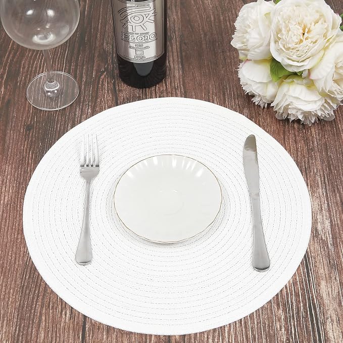 SHACOS Round Braided Placemats Set of 6 Round Table Mats for Dining Table 15 inch Washable Cotton Polyester Place Mat (White, 6) - Image 5